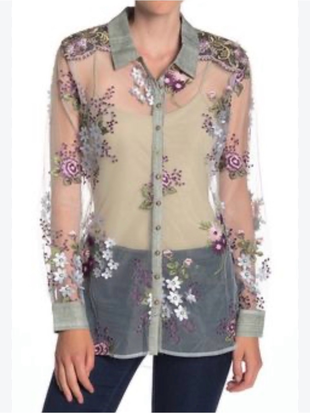 Aratta Silent Journey Mesh Embroidered Fairycore Boho Button Front Blouse Floral